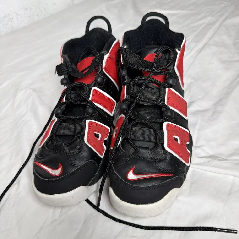 Nike Air More Uptempo Men's Mid Top Lace-Up Sneakers Black/Red/White Youth 7